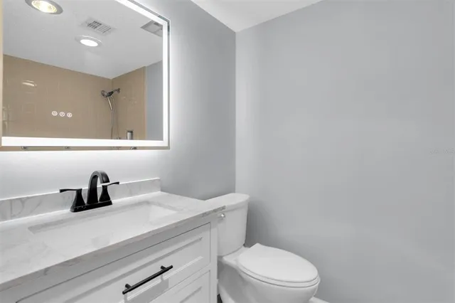 a bathroom with a sink a toilet and mirror