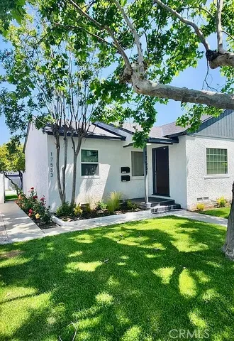 a backyard of a house with plants and large tree