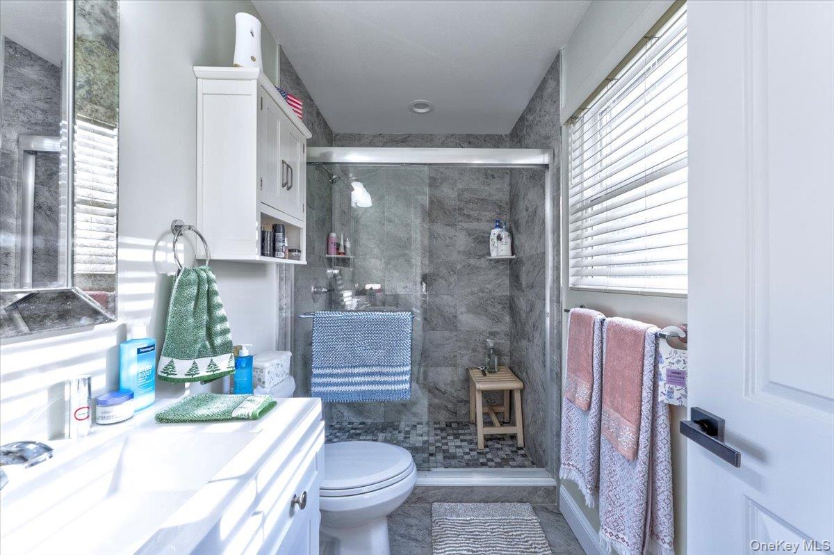 468 Granny Road Medford, NY 11763 - Photo 15 of 42 a bathroom with a granite countertop sink a toilet a mirror and shower