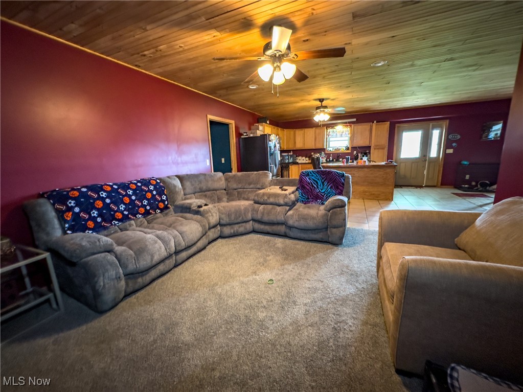 56567 Whiskey Run Road Quaker City, OH 43773 - Photo 17 of 43 Living area with light carpet, light tile patterned floors, wood ceiling, and a ceiling fan