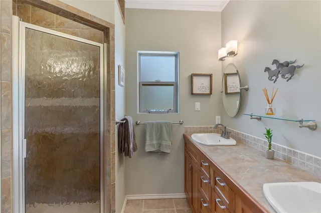 a bathroom with a granite countertop sink a mirror and shower