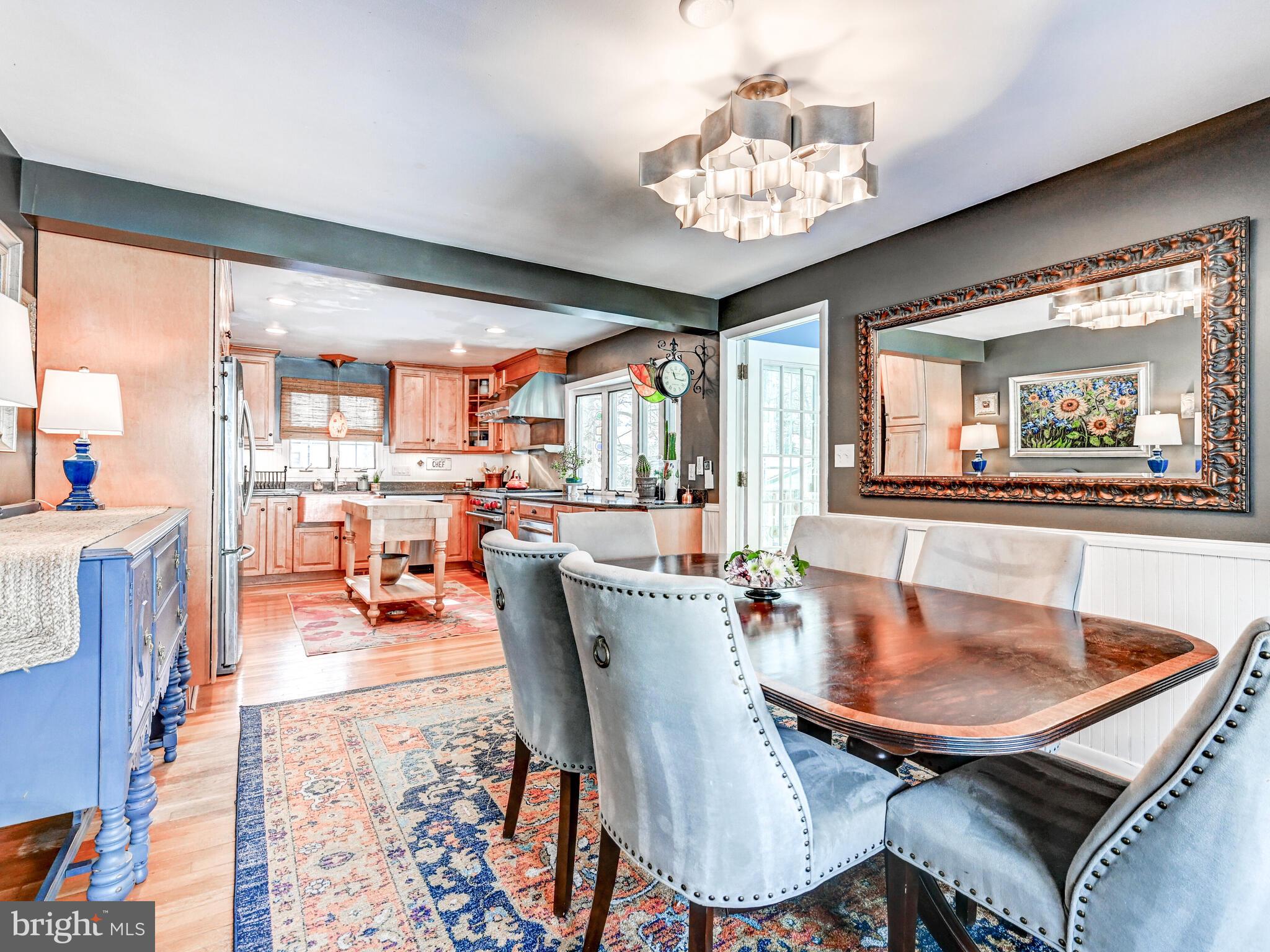 201 Brightdale Road Lutherville-Timonium, MD 21093 - Photo 12 of 48 a dining room with furniture a rug a fireplace and a chandelier