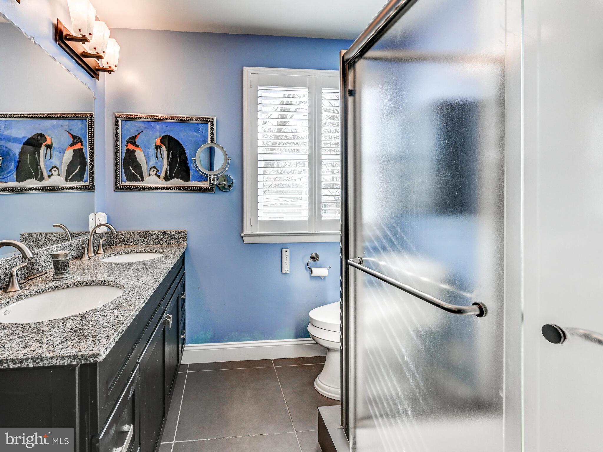 201 Brightdale Road Lutherville-Timonium, MD 21093 - Photo 23 of 48 a bathroom with a granite countertop sink a mirror and a shower