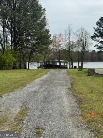 a view of a park with large trees