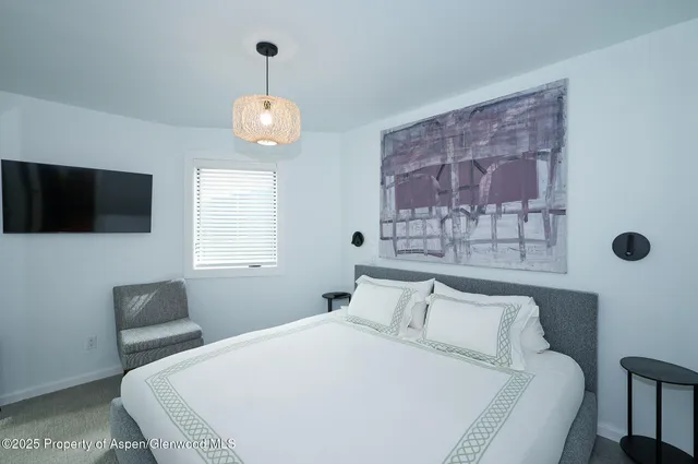 a bedroom with a bed and a flat screen tv