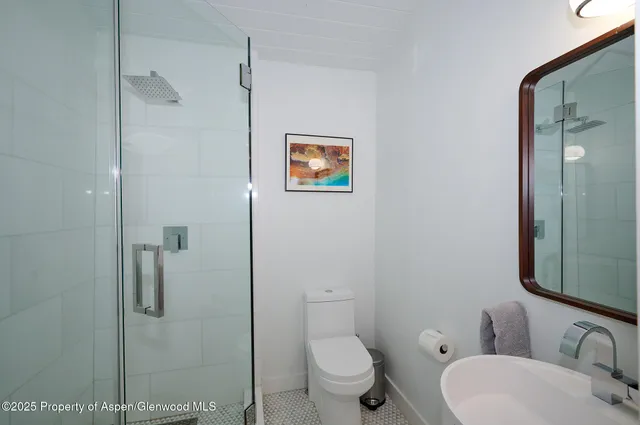 a bathroom with a toilet sink vanity and shower