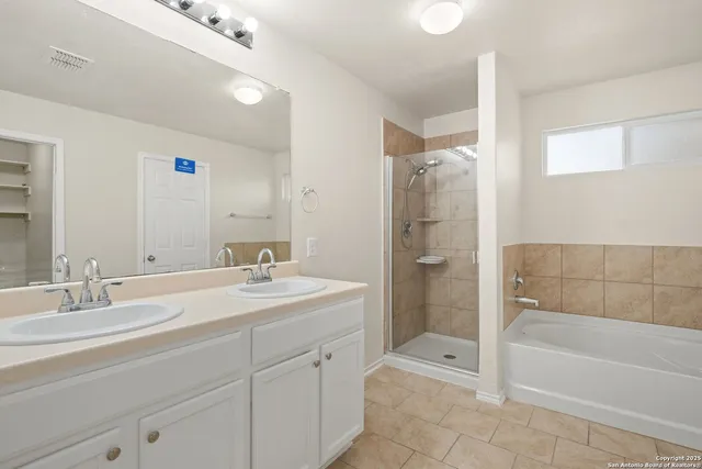 a bathroom with a tub sink shower and a mirror