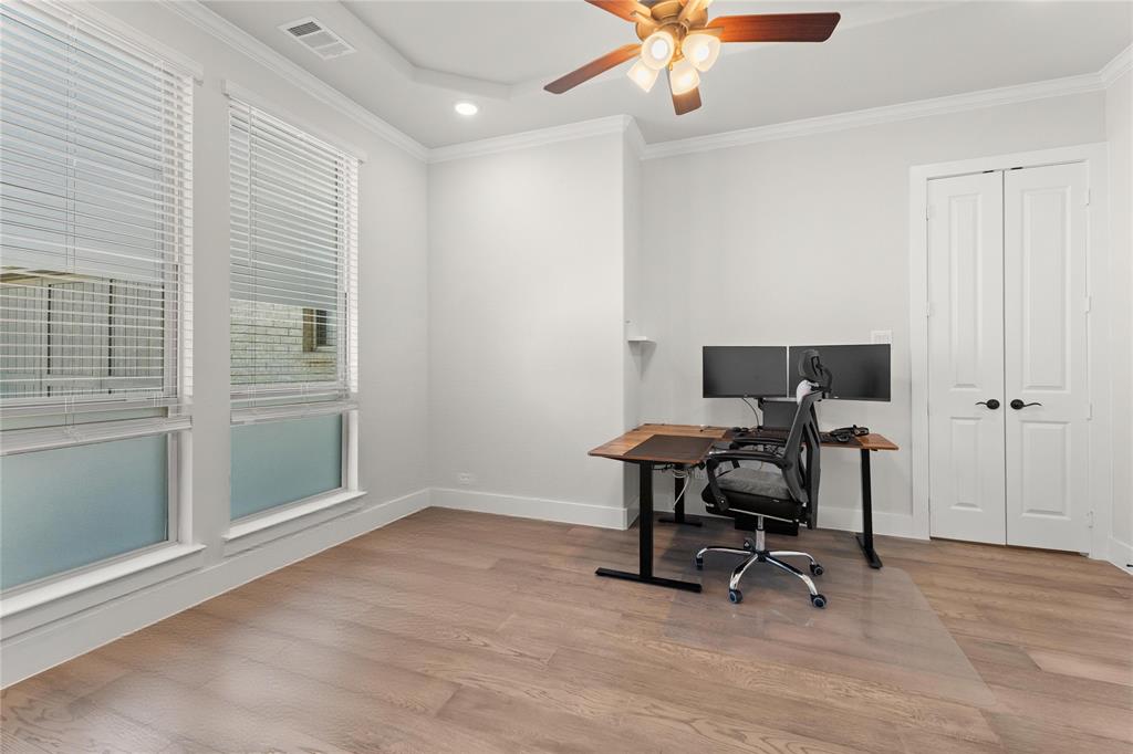 600 St Andrew Lane Prosper, TX 75078 - Photo 24 of 29 Office space featuring ornamental molding, ceiling fan, light wood-style flooring, and recessed lighting