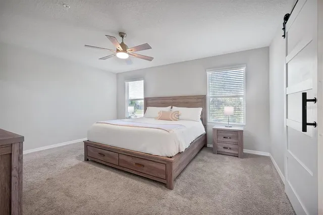 a spacious bedroom with a bed and a cabinets