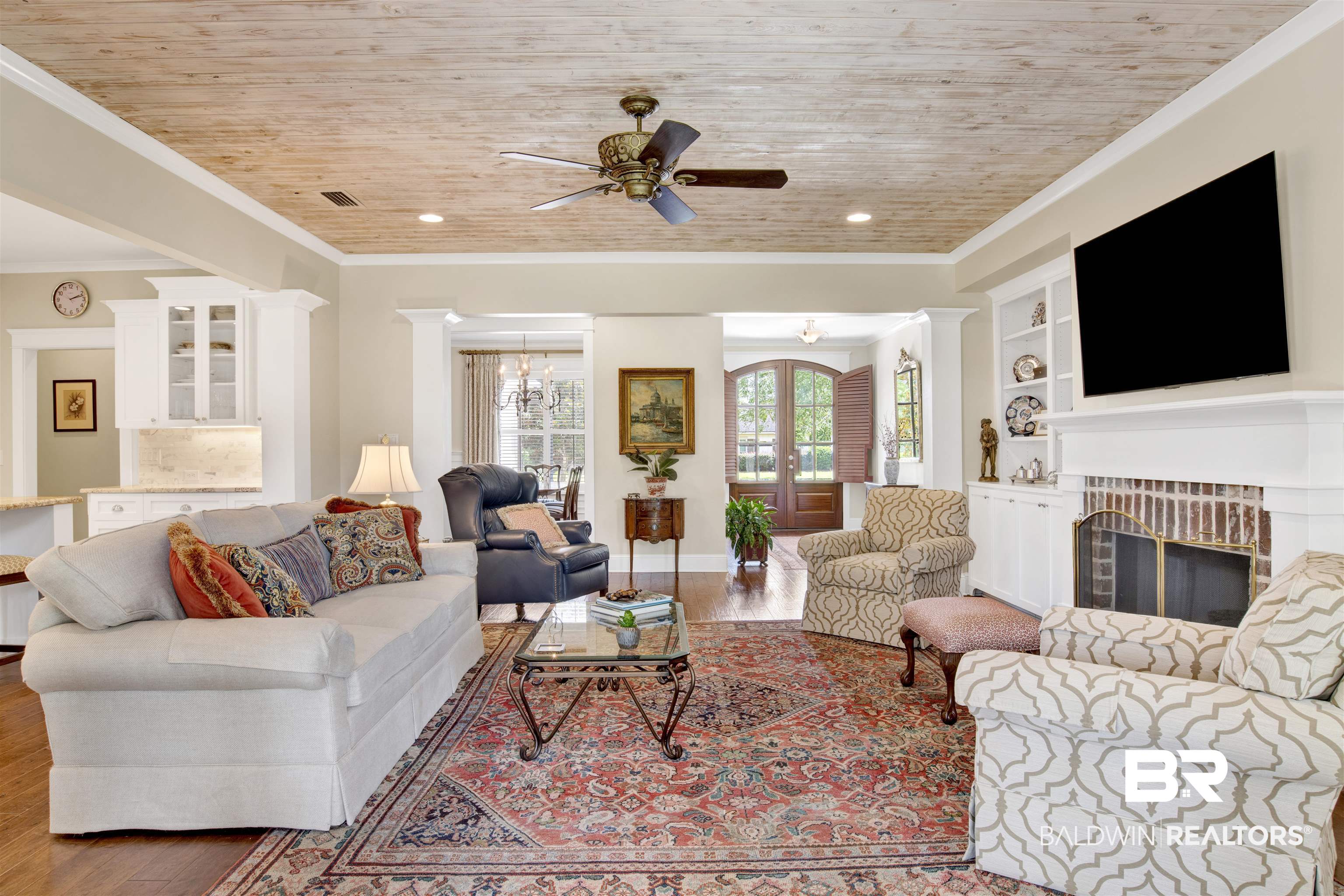 131 Sedgefield Avenue Fairhope, AL 36532 - Photo 13 of 50 Living room with ornamental molding, wood-type flooring, ceiling fan, and wood ceiling