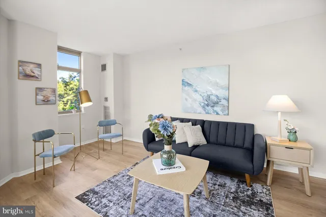 a living room with furniture and a rug