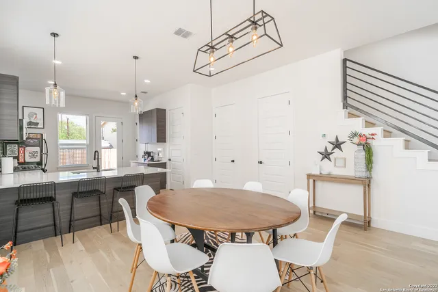 a view of a dining room with furniture