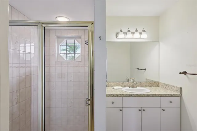 a bathroom with a sink mirror and a shower