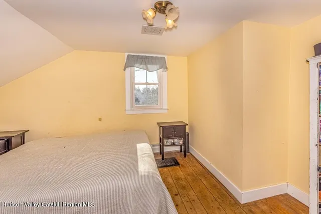 a view of a bedroom with wooden floor and a potted plant