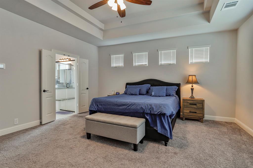 2425 Turning Leaf Lane Midlothian, TX 76065 - Photo 20 of 29 Bedroom featuring a tray ceiling, carpet floors, and a ceiling fan