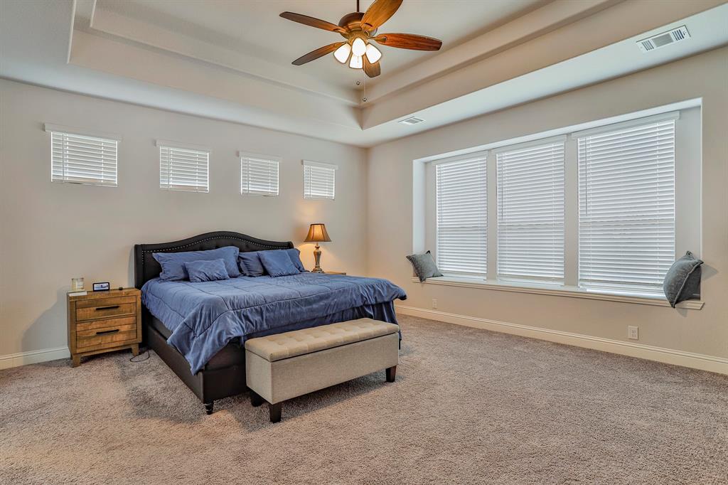 2425 Turning Leaf Lane Midlothian, TX 76065 - Photo 21 of 29 Bedroom with a tray ceiling, carpet flooring, and ceiling fan