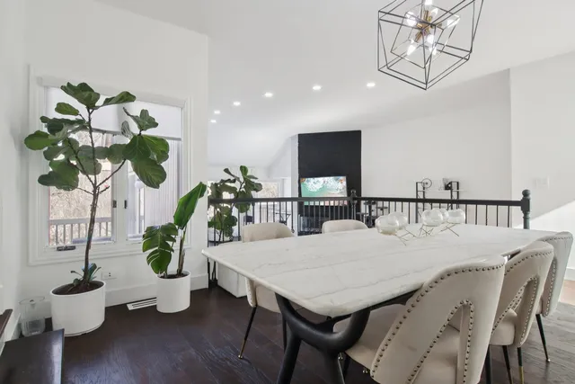 a view of a dining room with furniture a potted plant and wooden floor