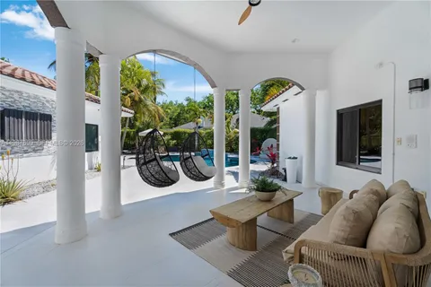 a view of a yard with plants and trees