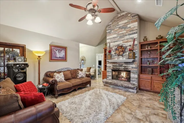 a living room with furniture a fireplace and a potted plant