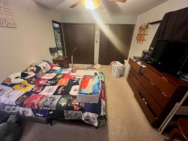 a bedroom with a bed and a tv in it