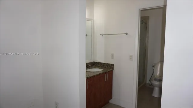a bathroom with a granite countertop sink and vanity
