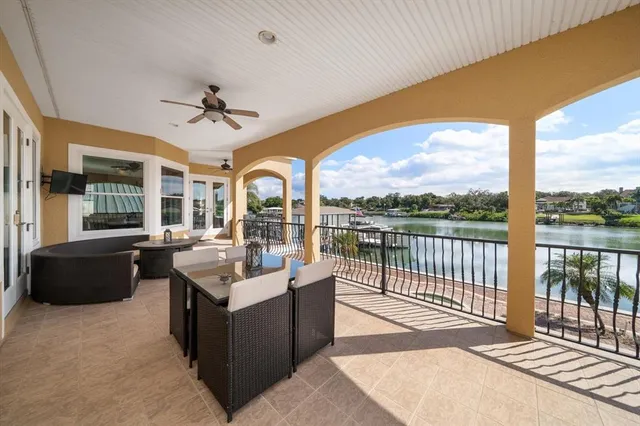 a view of a swimming pool with a sitting space