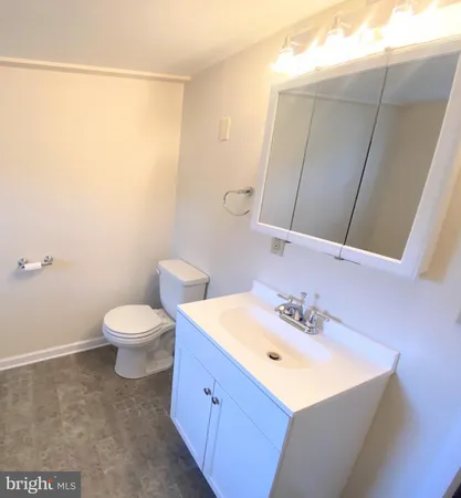 a bathroom with a sink a toilet and mirror
