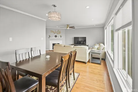 a view of a dining room with furniture