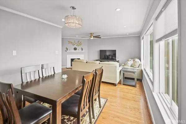 a view of a dining room with furniture