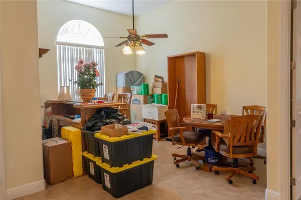 a view of a dining room with furniture