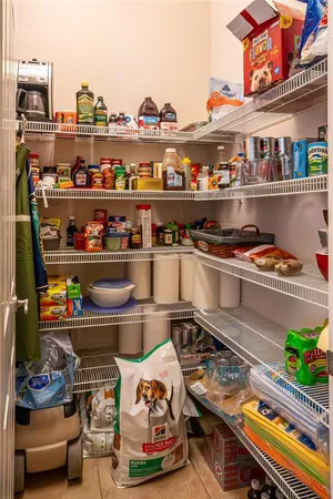 a view of a swimming pool with lawn chairs and plants