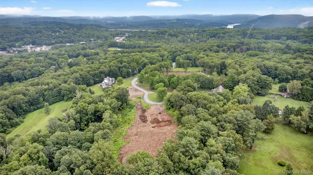 an aerial view of residential houses with outdoor space and trees