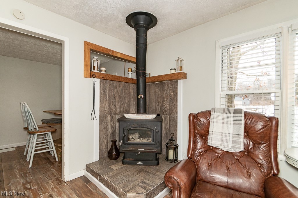 13619 Hall Road Chardon, OH 44024 - Photo 23 of 36 Sitting room featuring a wood stove, a textured ceiling, and dark wood-type flooring