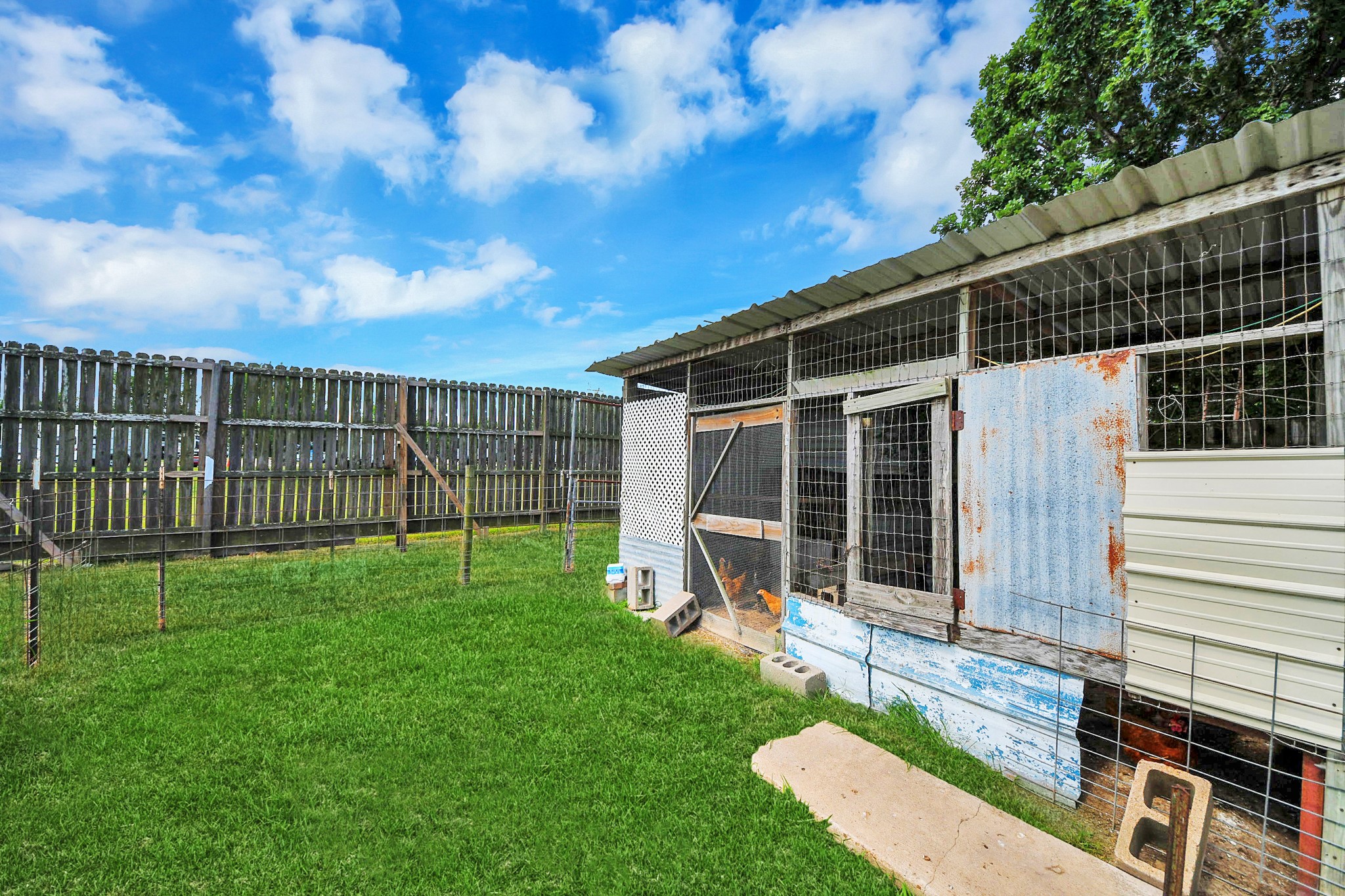 131 Kiowa Court Rosharon, TX 77583 - Photo 40 of 42 This photo features a fenced backyard with a small shed or animal enclosure on a grassy lawn. The area is bordered by a wooden fence and is adjacent to a neighboring structure, offering potential for outdoor use or storage.