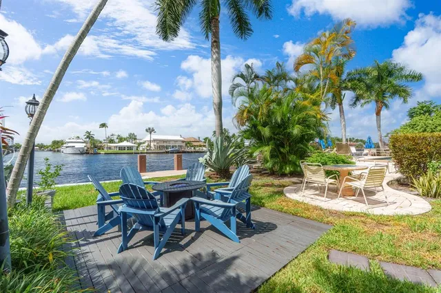 a view of house with yard and sitting area