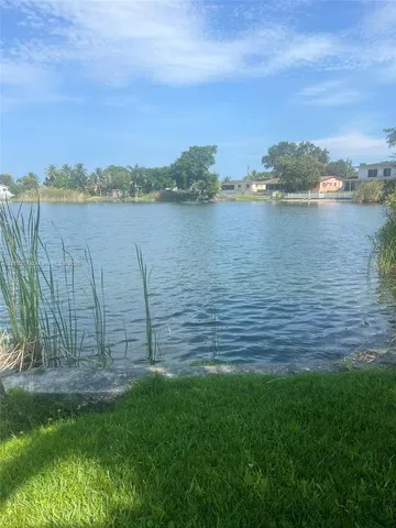 a view of a lake with houses in the background