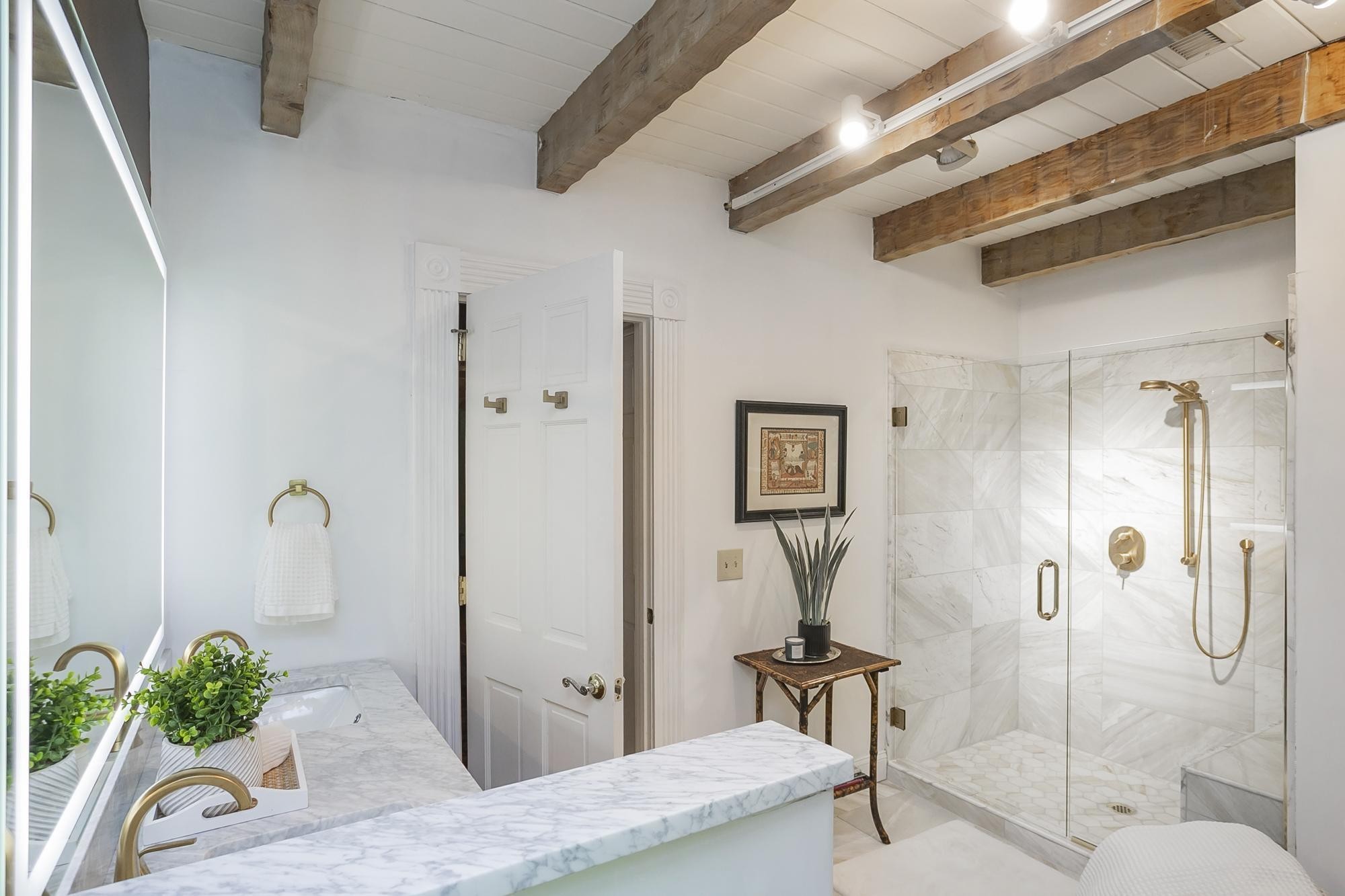 1105 Mt Pleasant Road Kingston Springs, TN 37082 - Photo 47 of 97 a bathroom with a granite countertop sink a glass door shower and a mirror