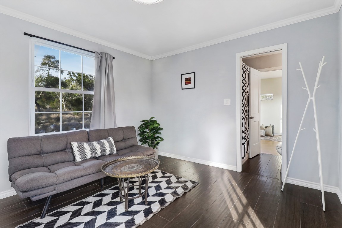 Living area with crown molding and dark wood-style floors