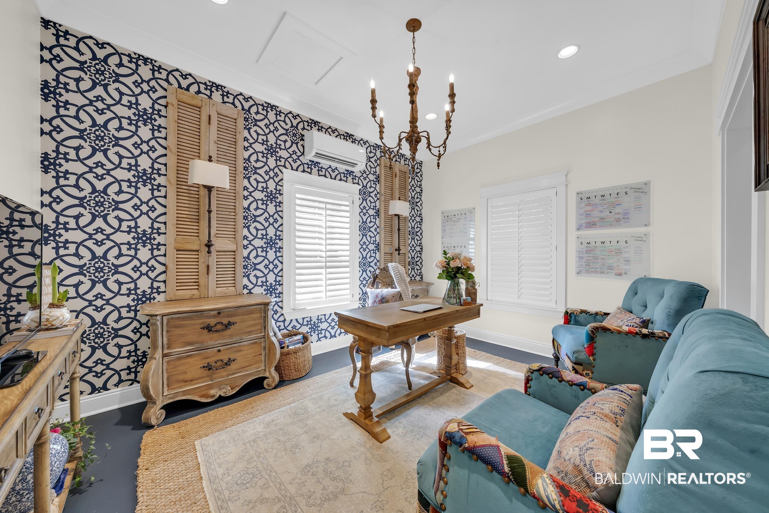 12161 Jessamine Street Magnolia Springs, AL 36555 - Photo 43 of 70 Office space with a chandelier and wallpapered walls