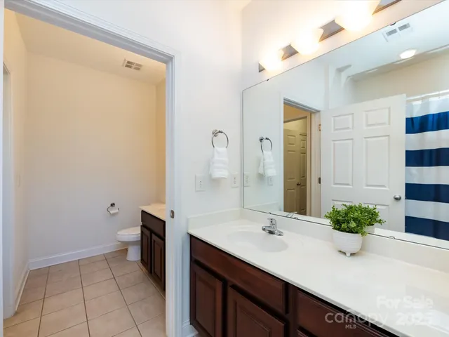 a bathroom with a sink a toilet and a large mirror