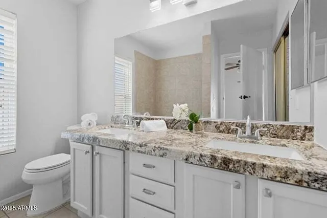 a bathroom with a granite countertop sink and a toilet
