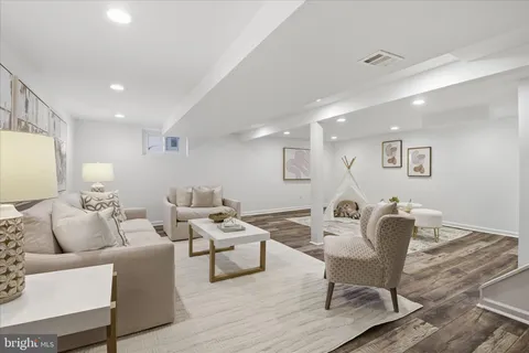 a view of a garden with plants and large trees