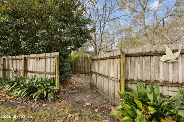 a view of a garden with large trees