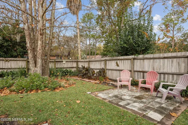 a backyard of a house with table and chairs