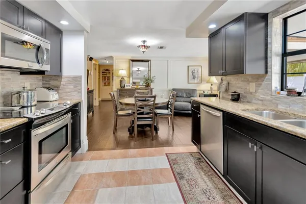 a kitchen with lots of counter top space