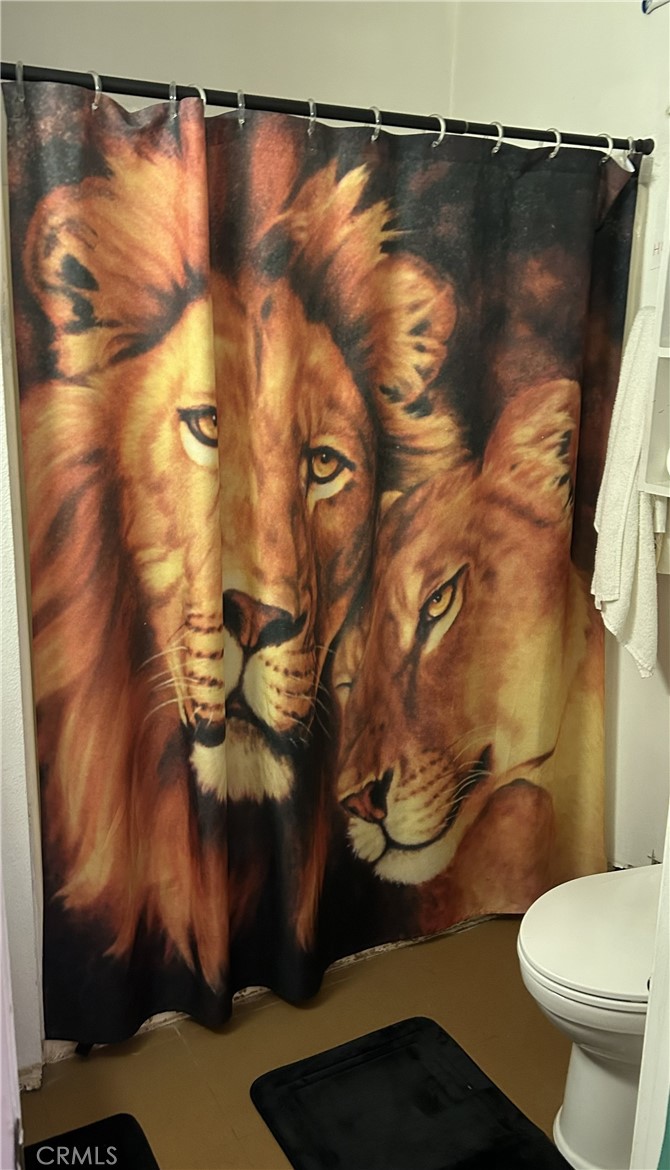 28639 Rostrata Avenue Lake Elsinore, CA 92532 - Photo 29 of 43 a bathroom with a toilet and a shower curtain