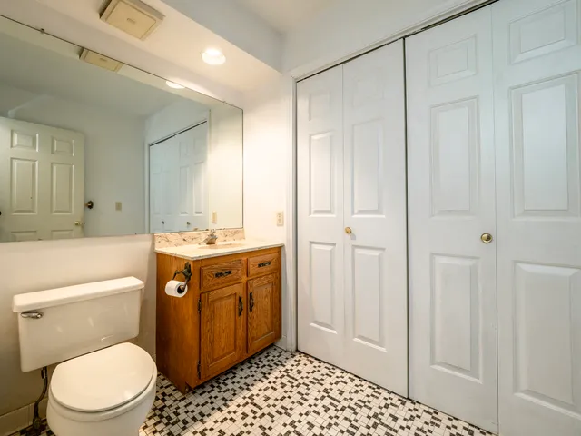 a bathroom with a sink a toilet a mirror and vanity