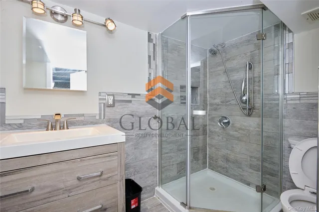a bathroom with a sink vanity mirror and shower