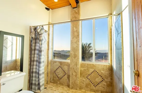 a bathroom with a window and a shower