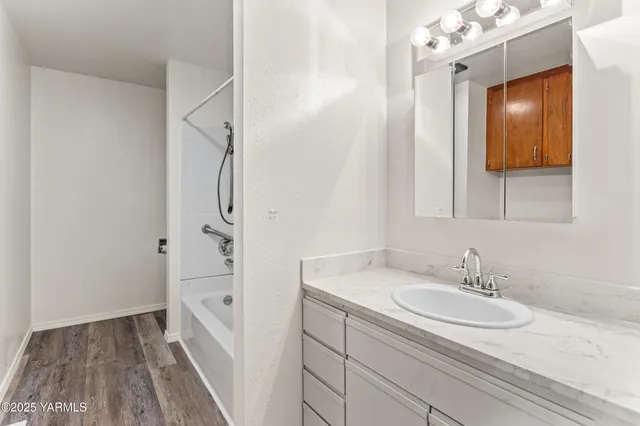 a bathroom with a sink and a mirror